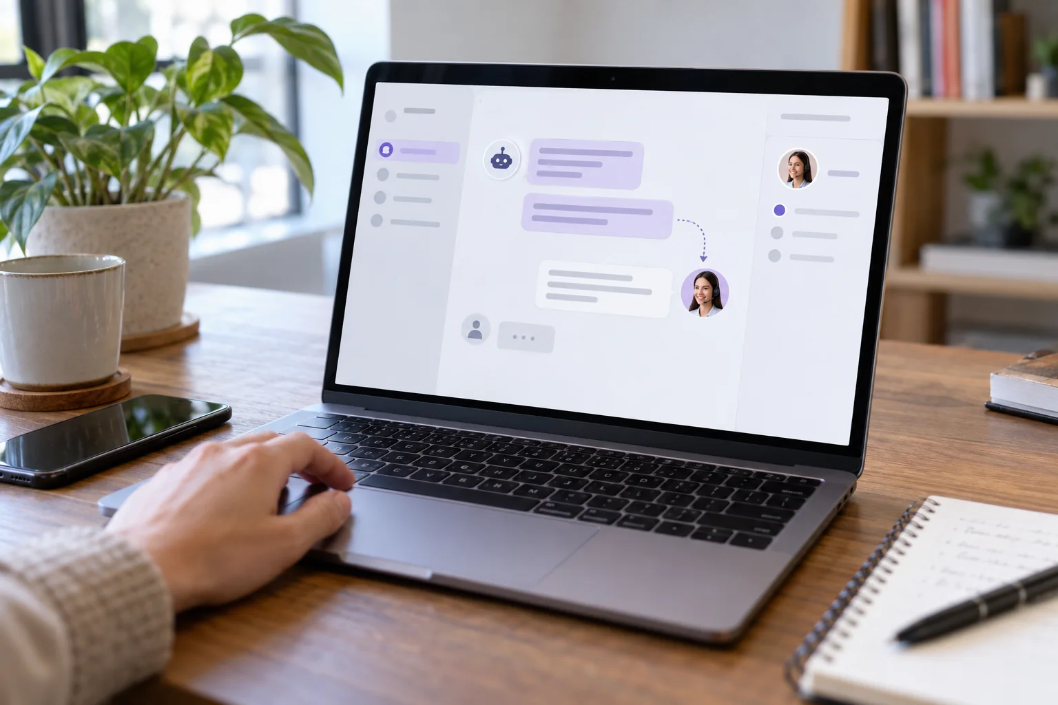 Customer support chat interface on a laptop with automated and human handoff