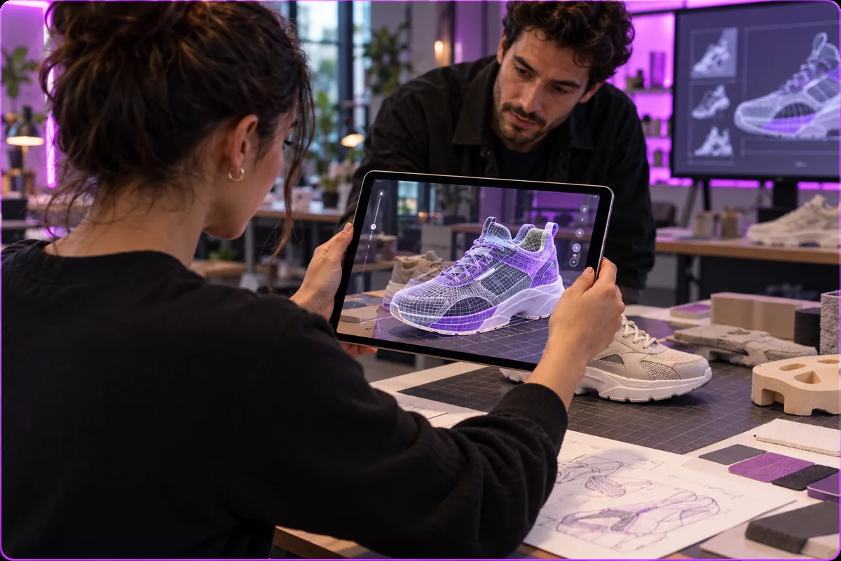 Learner using a tablet to explore an augmented reality product model