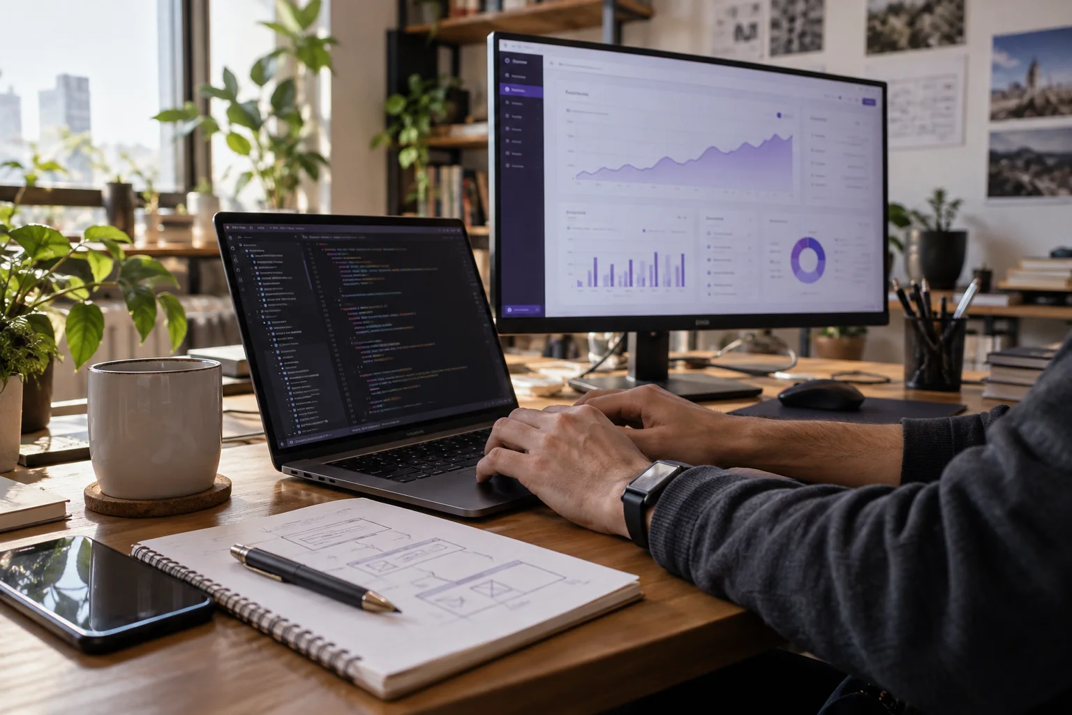 Developer working on custom software with code and a business dashboard