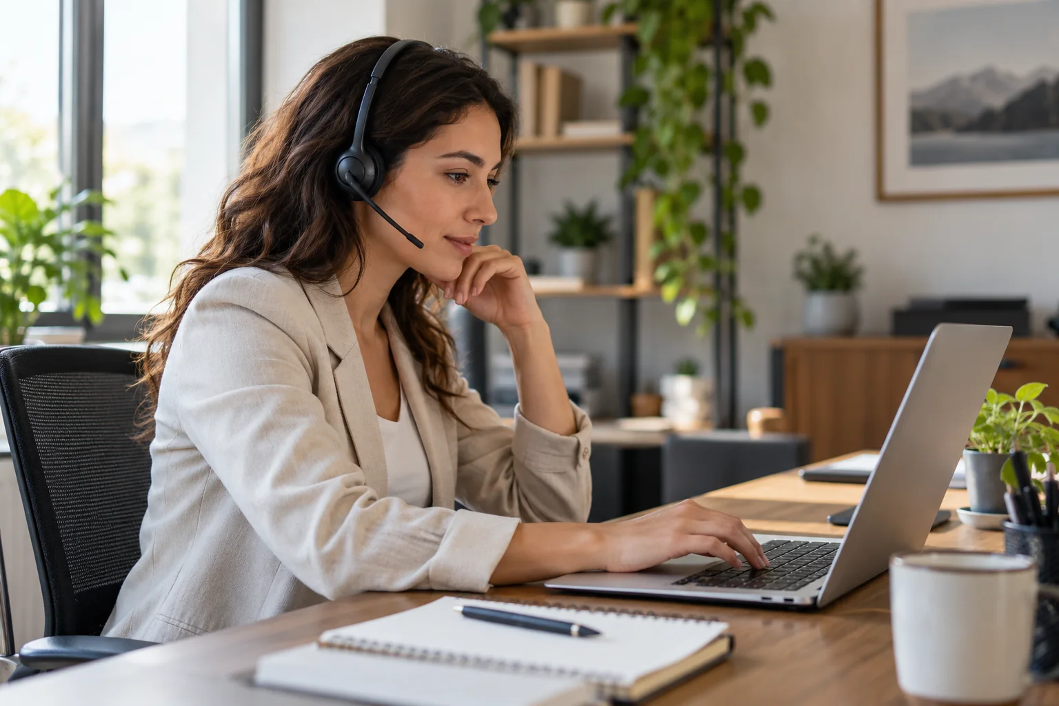 Customer support specialist wearing a headset while working at a laptop