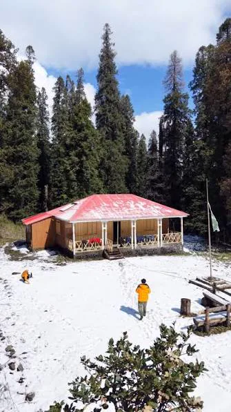 Snow-covered cabin at Dagri Bangla surrounded by pine trees