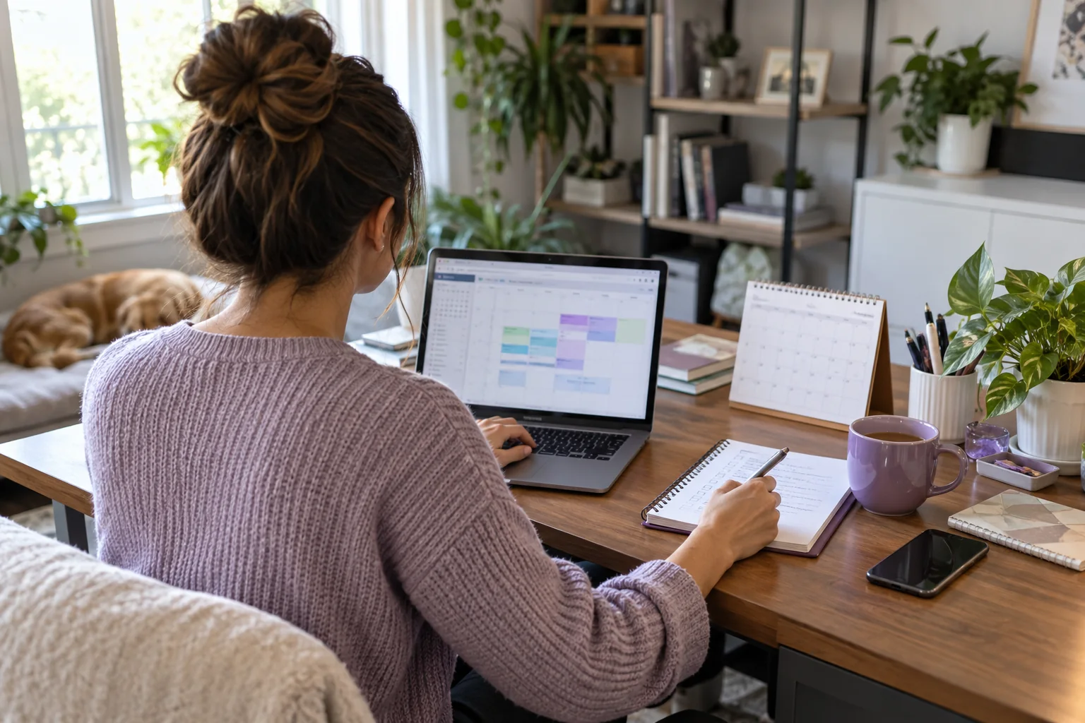 Remote assistant organizing a calendar and tasks at a home office desk
