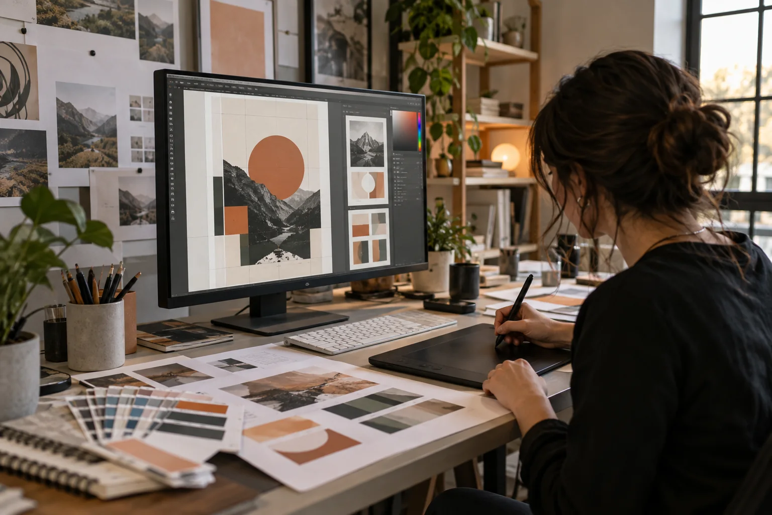 Graphic designer creating a visual layout with a pen tablet and printed proofs